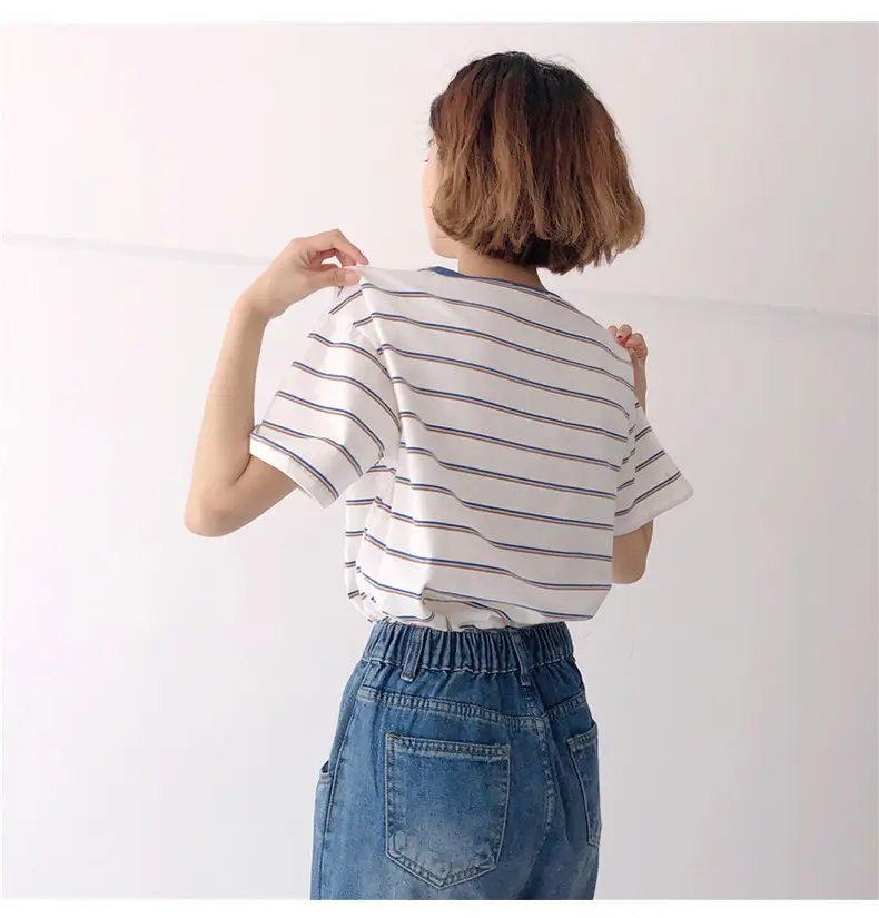 Women Striped T-Shirt Cotton White Blue Short Sleeve — feature 10