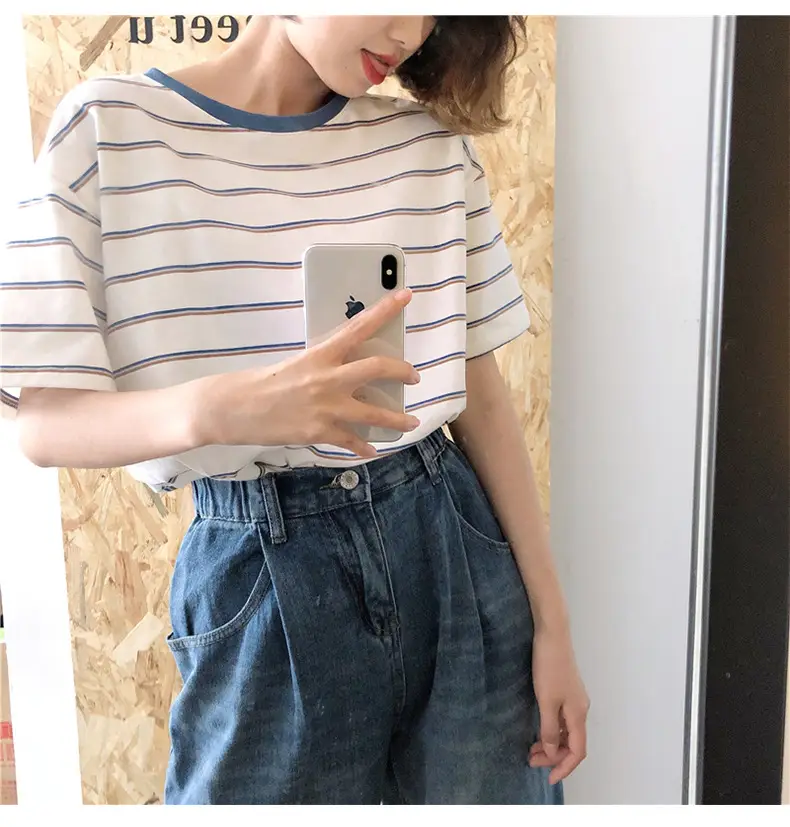 Women Striped T-Shirt Cotton White Blue Short Sleeve — feature 11