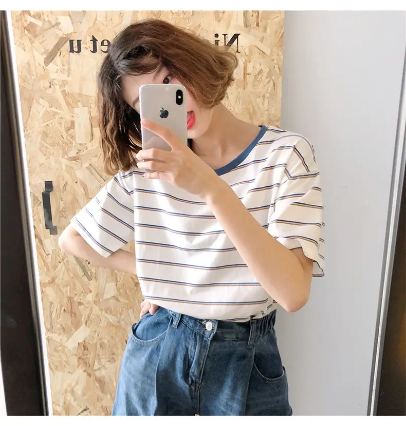 Women Striped T-Shirt Cotton White Blue Short Sleeve — feature 12
