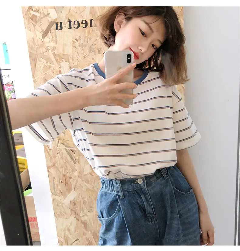 Women Striped T-Shirt Cotton White Blue Short Sleeve — feature 13