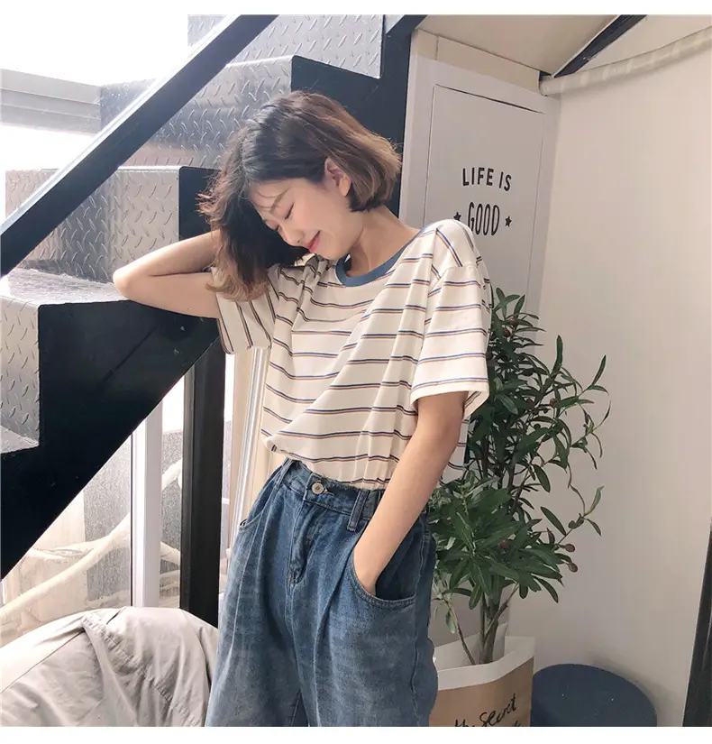 Women Striped T-Shirt Cotton White Blue Short Sleeve — feature 14