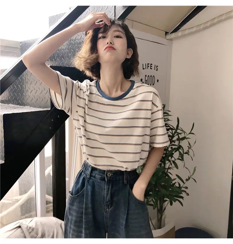 Women Striped T-Shirt Cotton White Blue Short Sleeve — feature 15