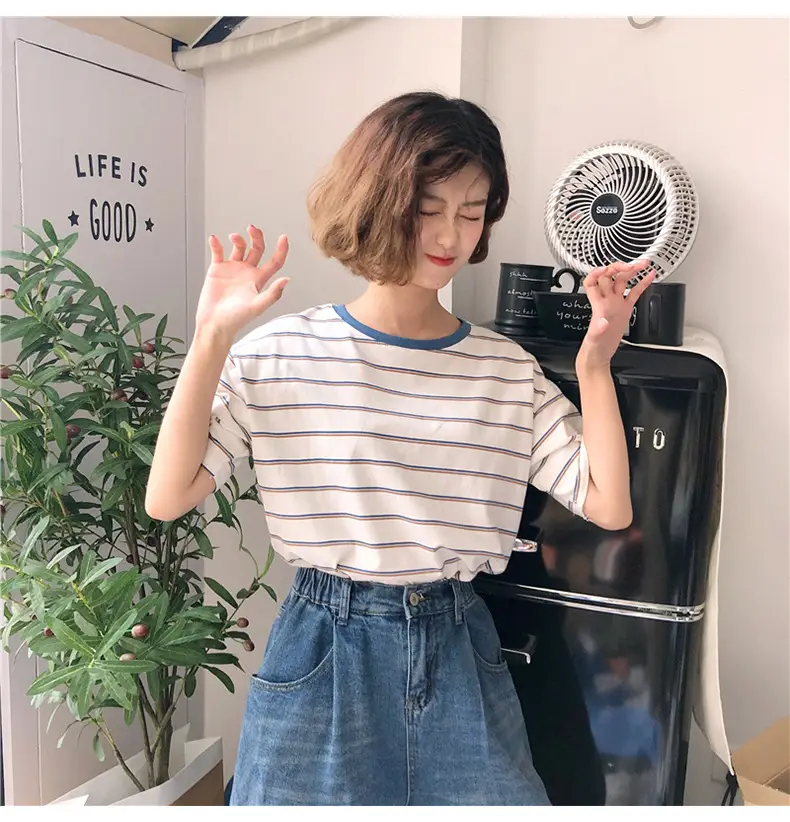 Women Striped T-Shirt Cotton White Blue Short Sleeve — feature 16