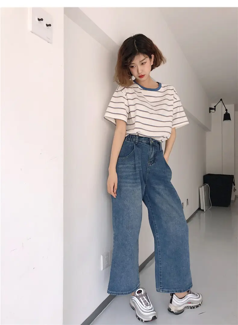 Women Striped T-Shirt Cotton White Blue Short Sleeve — feature 18