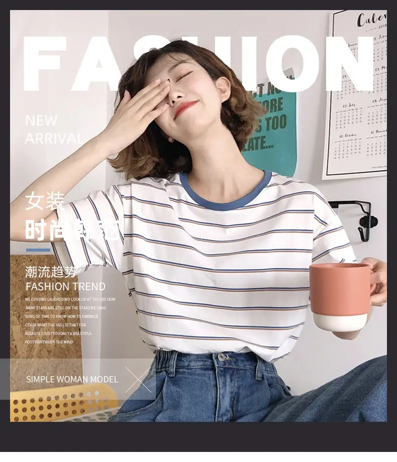 Women Striped T-Shirt Cotton White Blue Short Sleeve — feature 2