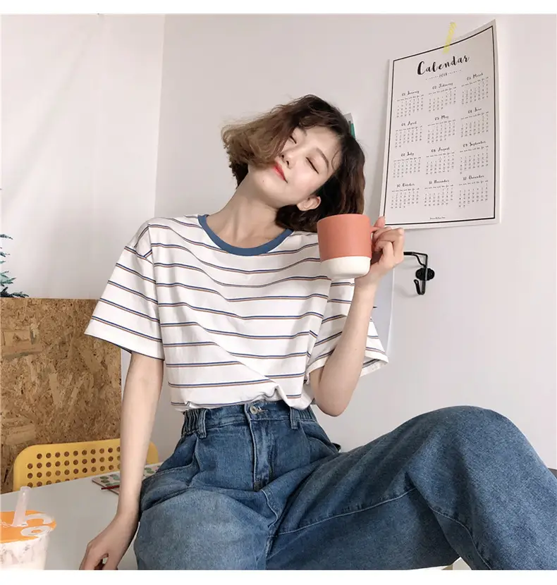 Women Striped T-Shirt Cotton White Blue Short Sleeve — feature 3