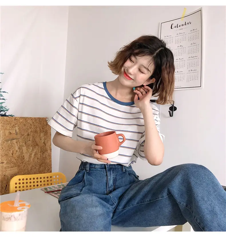 Women Striped T-Shirt Cotton White Blue Short Sleeve — feature 4