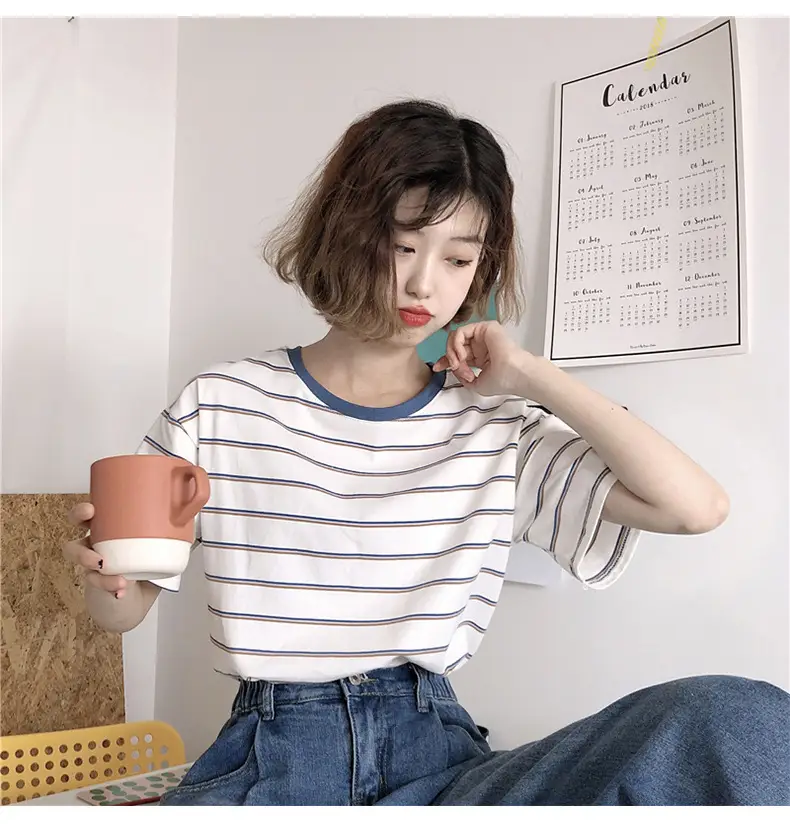 Women Striped T-Shirt Cotton White Blue Short Sleeve — feature 5