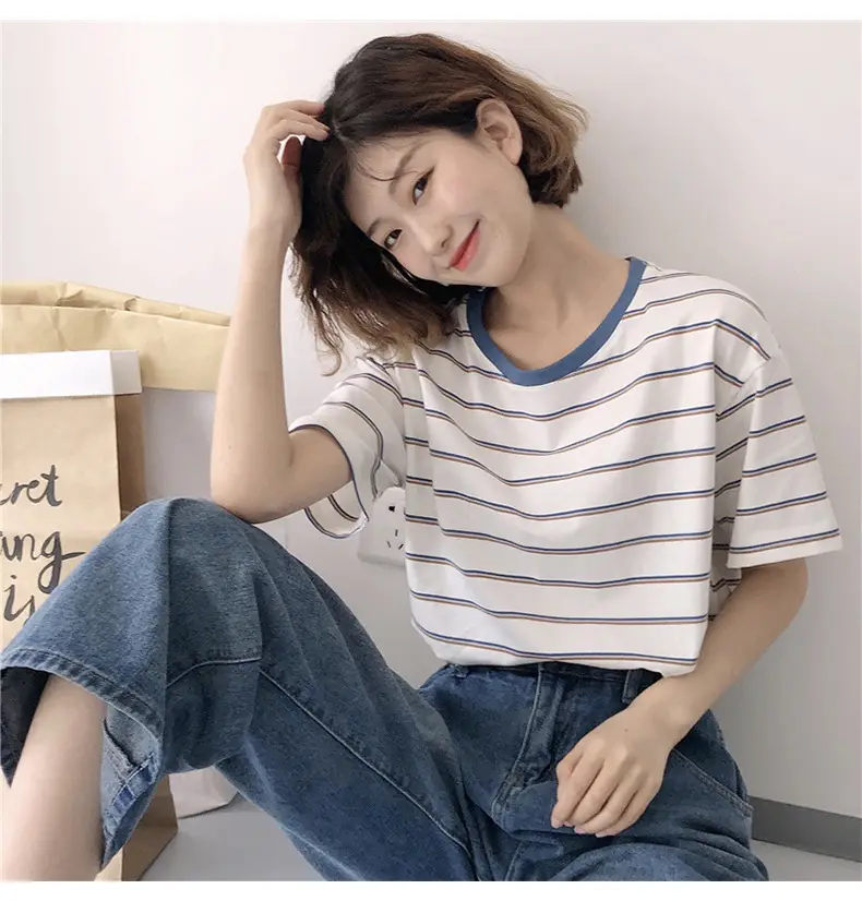 Women Striped T-Shirt Cotton White Blue Short Sleeve — feature 6