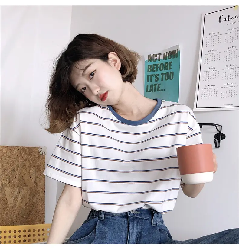 Women Striped T-Shirt Cotton White Blue Short Sleeve — feature 7