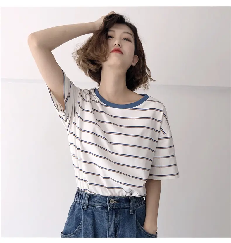 Women Striped T-Shirt Cotton White Blue Short Sleeve — feature 8