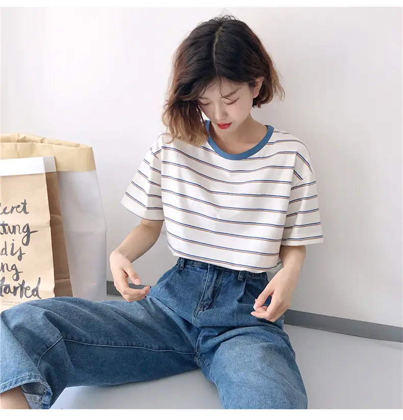 Women Striped T-Shirt Cotton White Blue Short Sleeve — feature 9