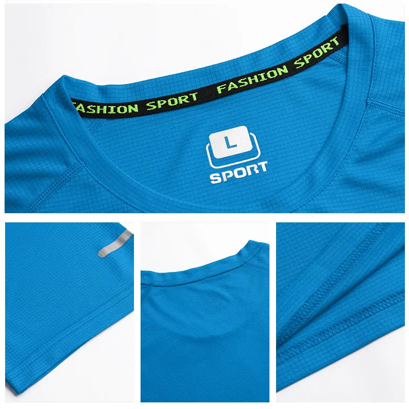Men Blue Logo Round Neck Sports T-Shirt Quick Dry Sweat Wicking - Image 11