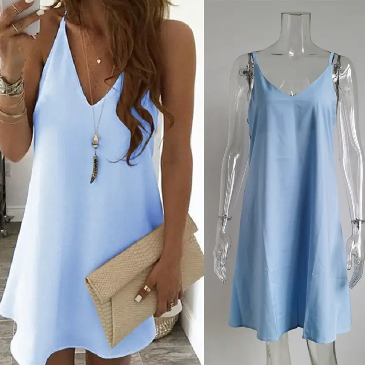 Women's V-Collar Chiffon Suspenders Dress Yellow - Image 2