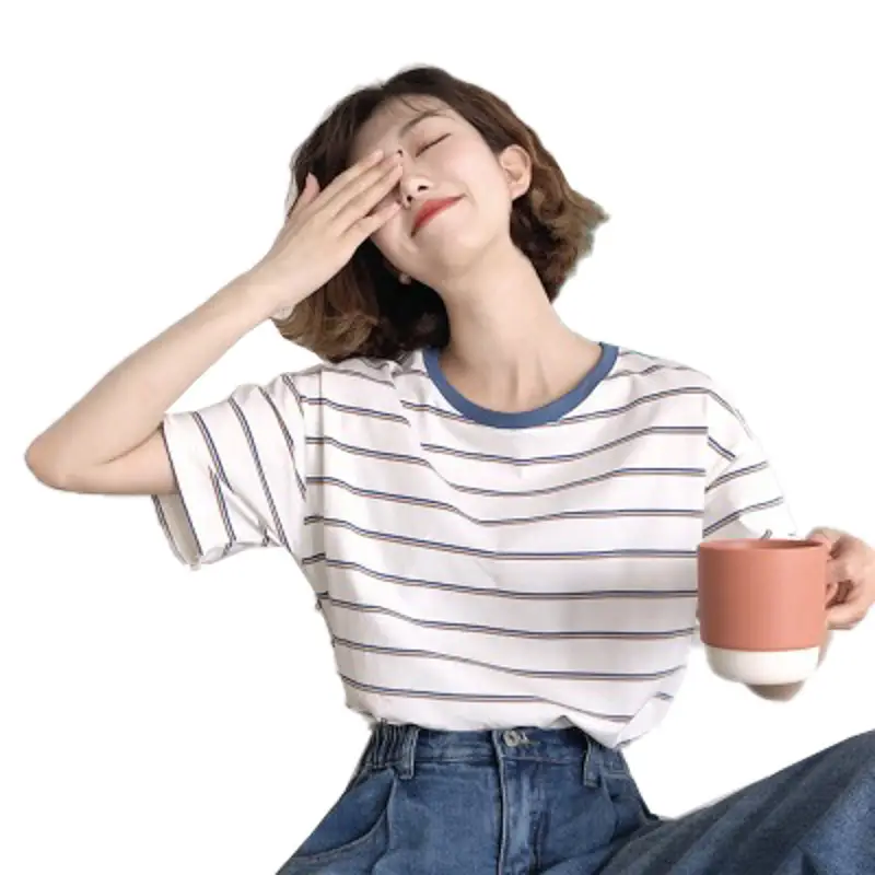 Women Striped T-Shirt 2025 Summer College Style Loose Slimming - Image 6