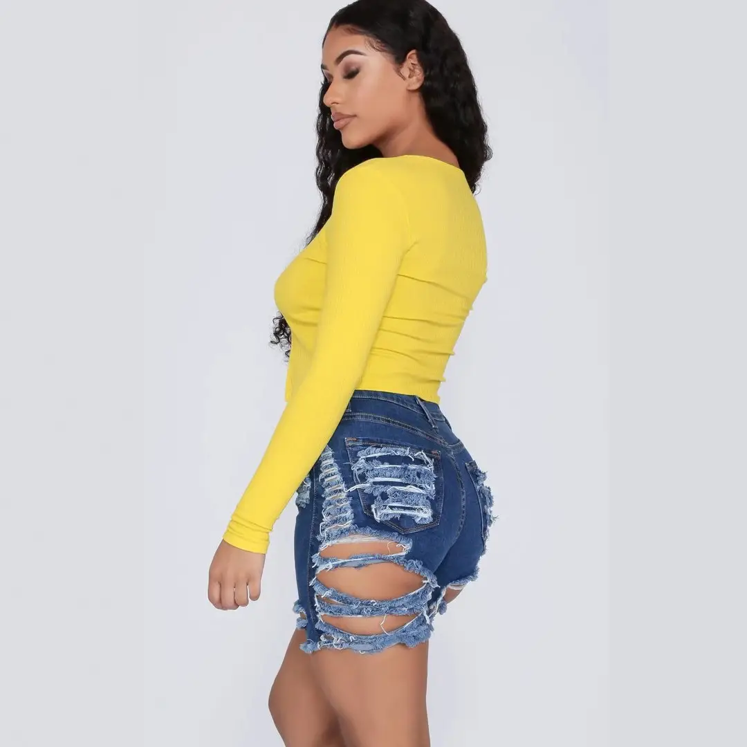 Yellow Knitted Top with Tie Front + Denim Shorts Set - Image 4