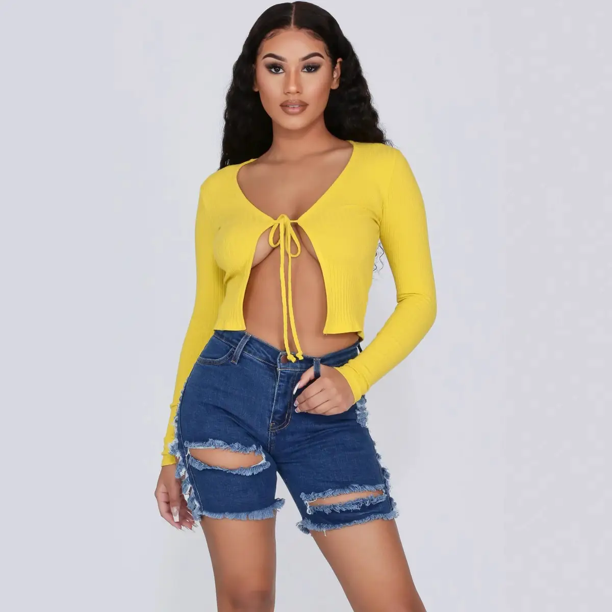 Yellow Knitted Top with Tie Front + Denim Shorts Set - Image 5