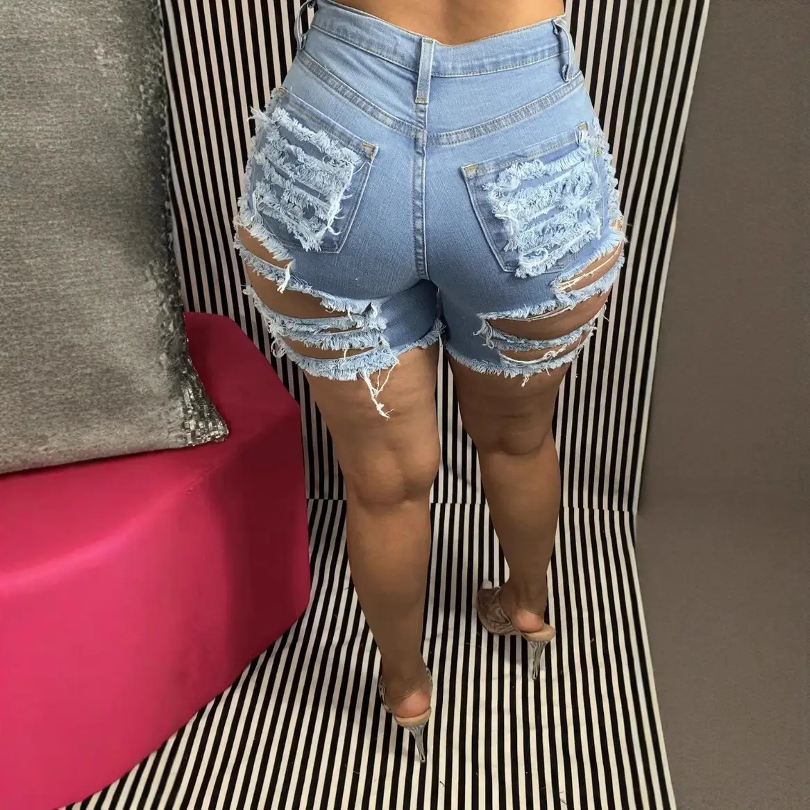 Yellow Knitted Top with Tie Front + Denim Shorts Set - Image 6