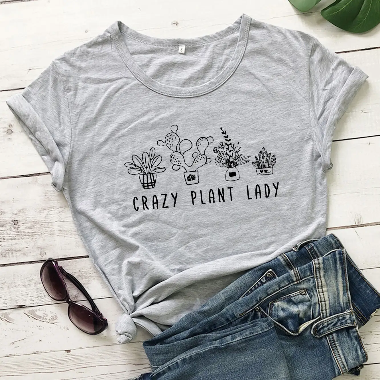 Crazy Plant Lady Black T-Shirt with Thorny Cactus Design - Image 3