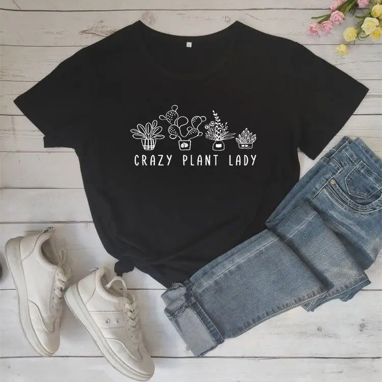 Crazy Plant Lady Black T-Shirt with Thorny Cactus Design - Image 2