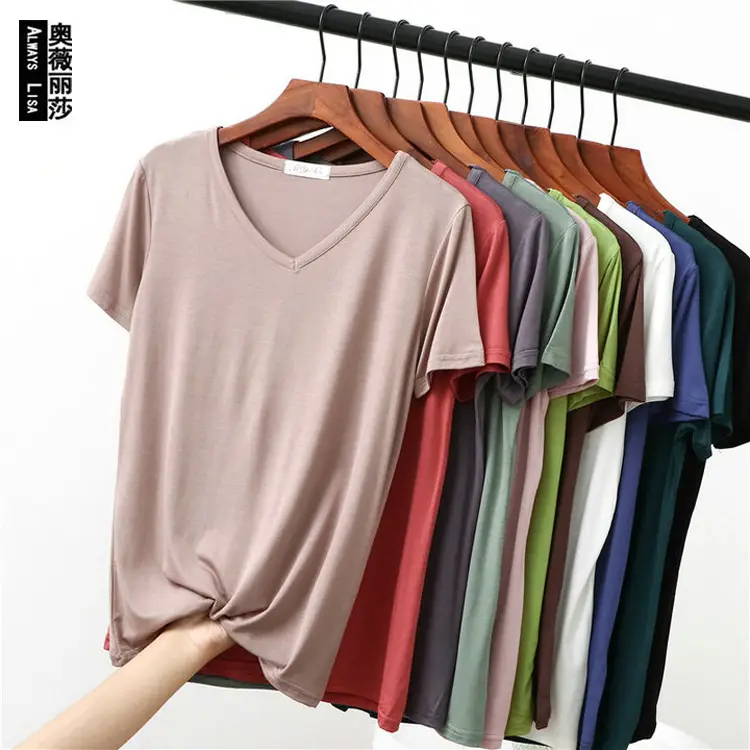 Women's Pink V-Neck Modal T-Shirt Loose Fit 2020 - Image 12