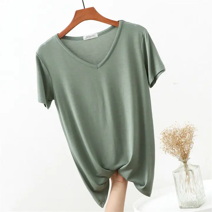 Women's Pink V-Neck Modal T-Shirt Loose Fit 2020 - Image 13