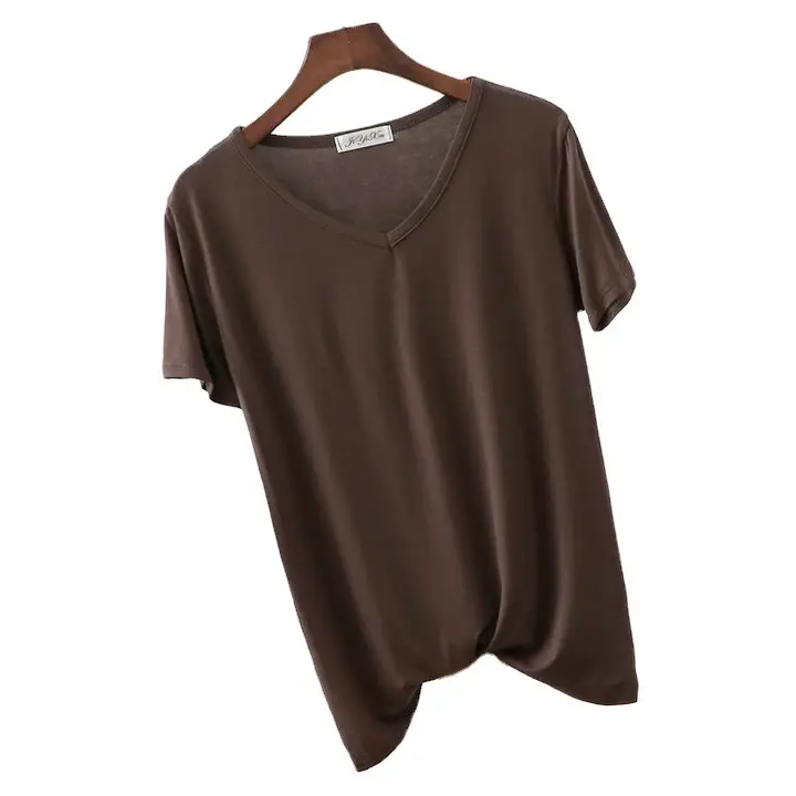 Women's Pink V-Neck Modal T-Shirt Loose Fit 2020 - Image 16