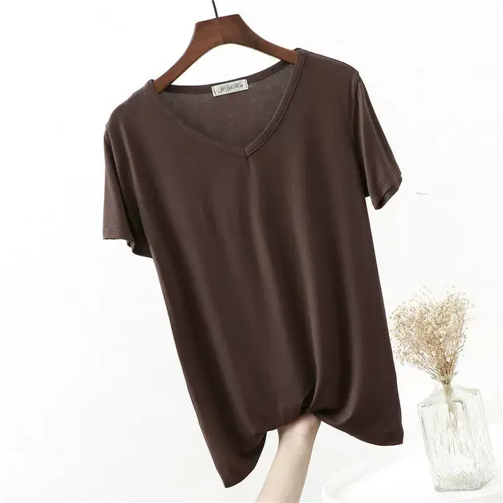 Women's Pink V-Neck Modal T-Shirt Loose Fit 2020 — feature 10
