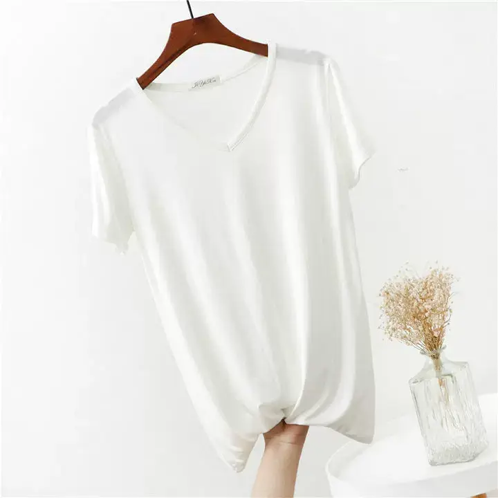 Women's Pink V-Neck Modal T-Shirt Loose Fit 2020 — feature 11