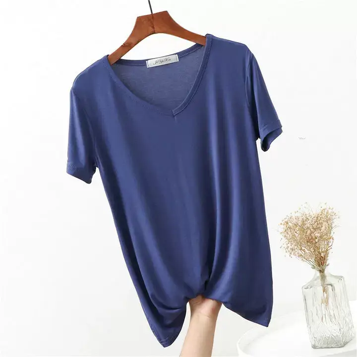 Women's Pink V-Neck Modal T-Shirt Loose Fit 2020 — feature 12