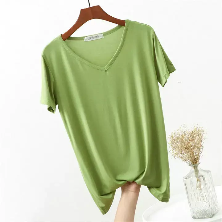 Women's Pink V-Neck Modal T-Shirt Loose Fit 2020 — feature 13