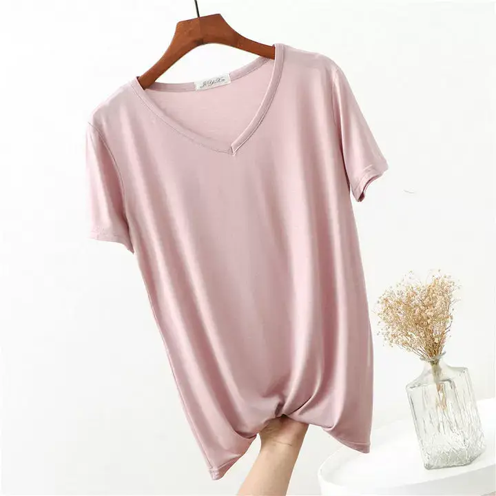 Women's Pink V-Neck Modal T-Shirt Loose Fit 2020 — feature 14