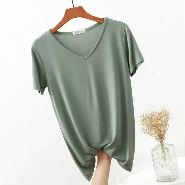 Women's Pink V-Neck Modal T-Shirt Loose Fit 2020 — feature 16