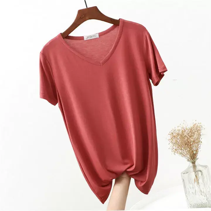 Women's Pink V-Neck Modal T-Shirt Loose Fit 2020 — feature 17