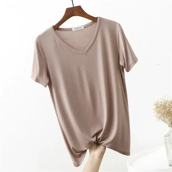 Women's Pink V-Neck Modal T-Shirt Loose Fit 2020 — feature 18