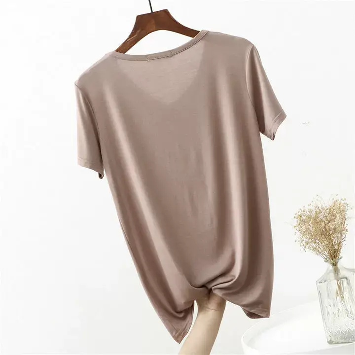 Women's Pink V-Neck Modal T-Shirt Loose Fit 2020 — feature 19