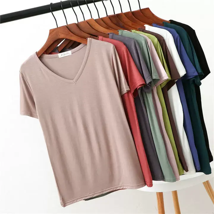 Women's Pink V-Neck Modal T-Shirt Loose Fit 2020 — feature 5