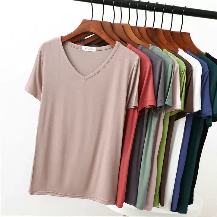 Women's Pink V-Neck Modal T-Shirt Loose Fit 2020 — feature 6
