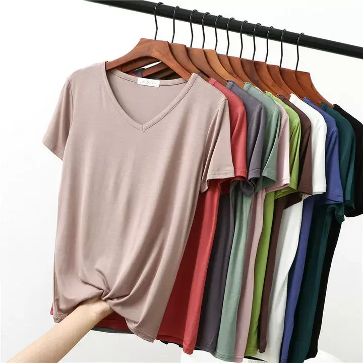 Women's Pink V-Neck Modal T-Shirt Loose Fit 2020 — feature 7