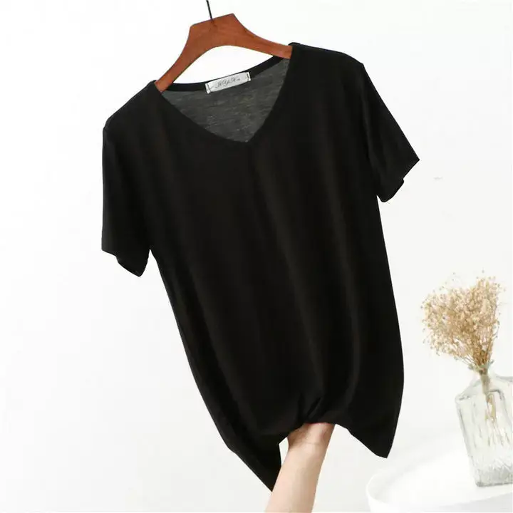Women's Pink V-Neck Modal T-Shirt Loose Fit 2020 — feature 8