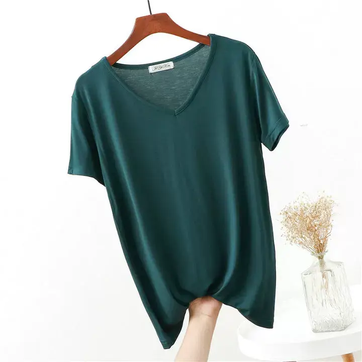 Women's Pink V-Neck Modal T-Shirt Loose Fit 2020 — feature 9