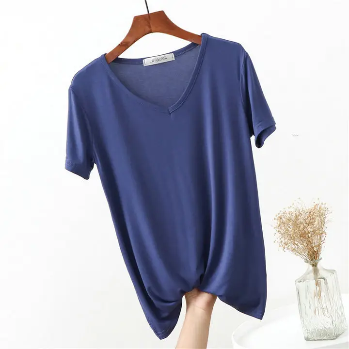 Women's Pink V-Neck Modal T-Shirt Loose Fit 2020 - Image 10