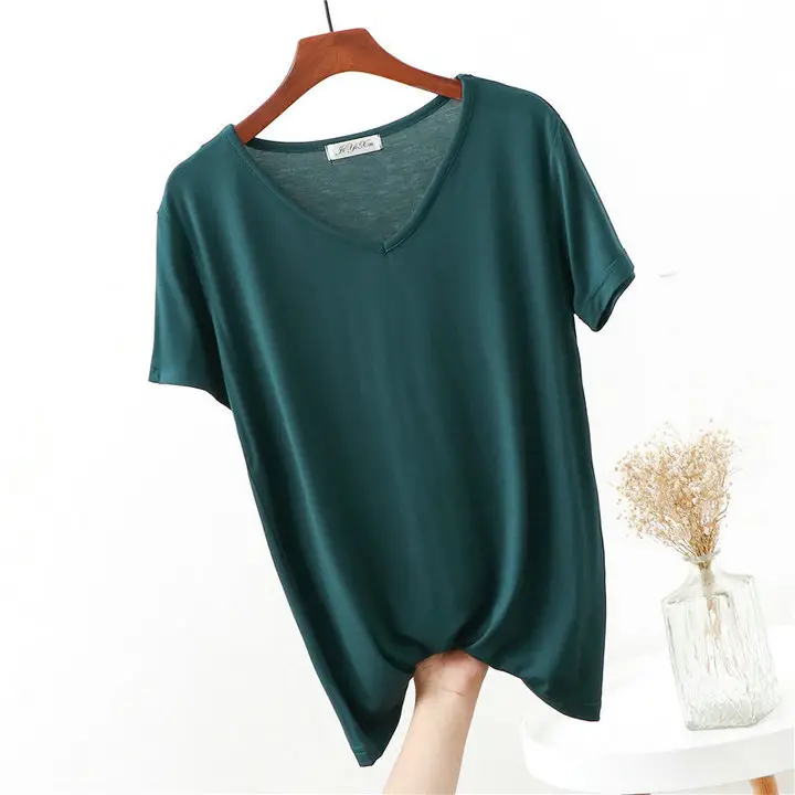 Women's Pink V-Neck Modal T-Shirt Loose Fit 2020 - Image 11