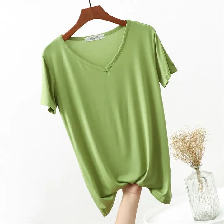 Women's Pink V-Neck Modal T-Shirt Loose Fit 2020 - Image 7