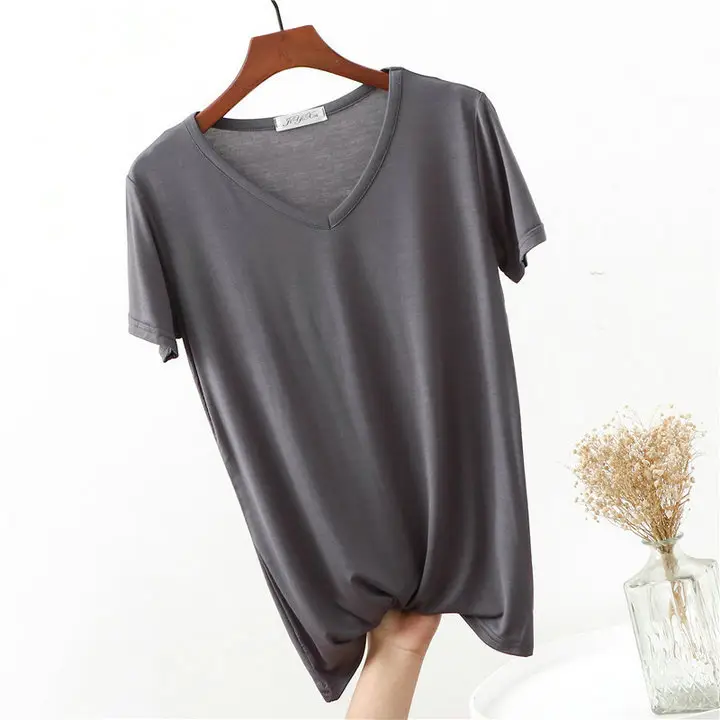 Women's Pink V-Neck Modal T-Shirt Loose Fit 2020 - Image 9
