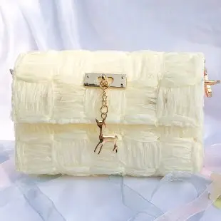 Women's Homemade Ribbon Mesh Crossbody Bag Beige