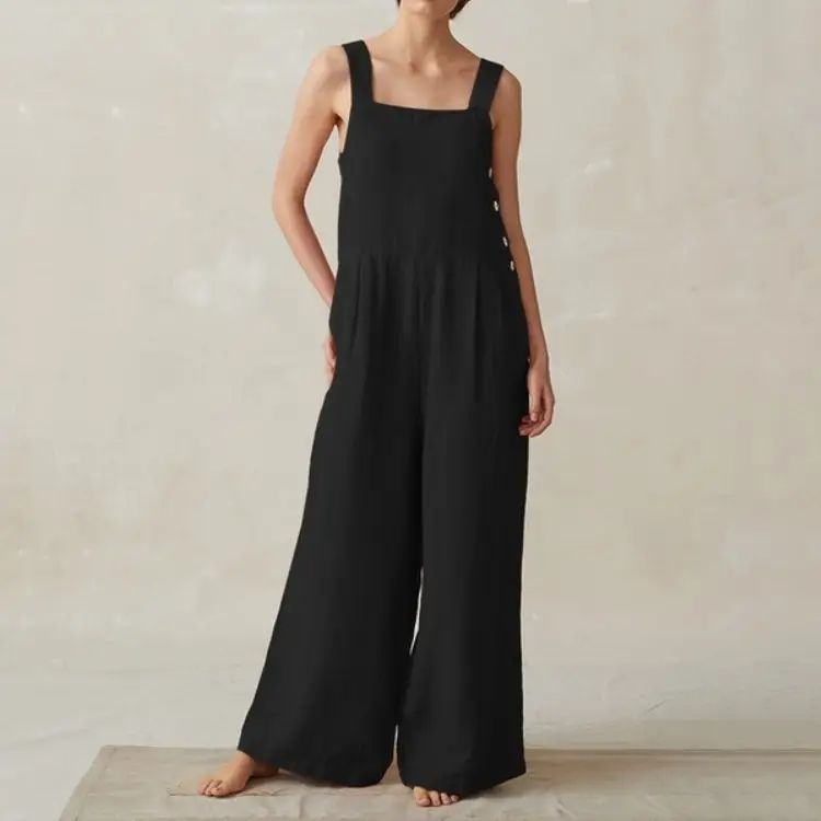 Women Wide Leg Jumpsuit Blue Cotton Linen Side Buckle - Image 7