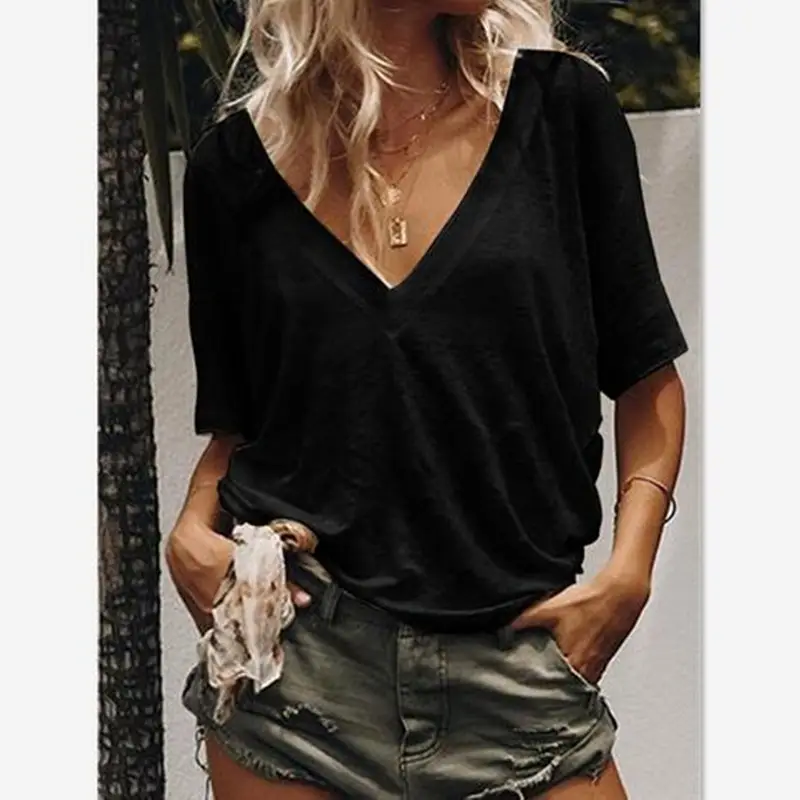 Women V Neck Short Sleeve T-Shirt Solid Color - Image 6