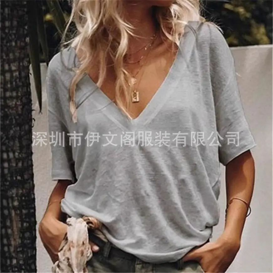 Women V Neck Short Sleeve T-Shirt Solid Color - Image 7