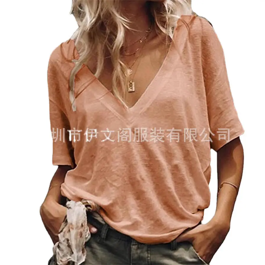Women V Neck Short Sleeve T-Shirt Solid Color - Image 9